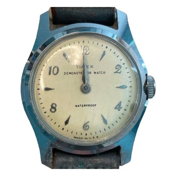 Timex Other - 1959 Vintage Timex Demonstrator Marlin Watch 34mm Cream Silver Leather Band